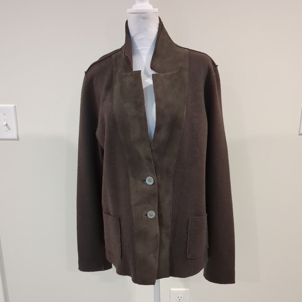 Eileen Fisher Brown Merino Wool Lambs Leather Button Front Sweater Jacket XL